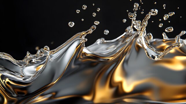 Metallic Liquid Splash: A splash of metallic liquid, like silver and gold, frozen in mid-air, with the colors blending and reflecting light.
