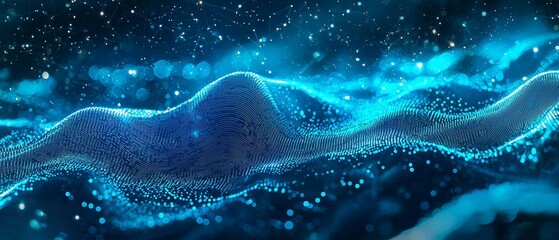 Abstract digital wave with glowing blue particles and neon lines, evoking a futuristic technology theme