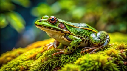Fototapeta premium Close-up of a vibrant green frog's leg, delicately poised on a moss-covered stone, showcasing intricate textures and patterns under soft, natural light.