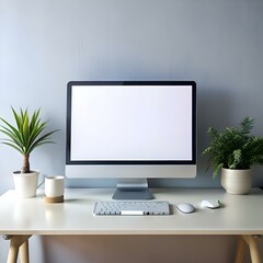 Fototapeta premium Clean and modern home office workspace with a blank computer screen. perfect for showcasing your designs or projects.
