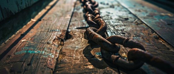 A weathered wooden deck holds a heavy, rusted chain, creating a rustic, textured scene bathed in soft sunlight.