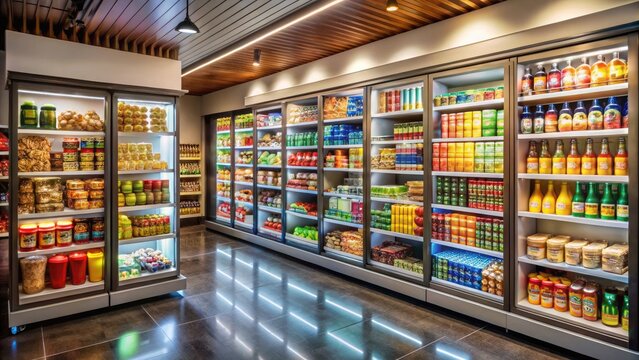 Neatly organized shelves stocked with snacks, beverages, and essentials illuminate the interior of a classic American convenience store with a vibrant and welcoming atmosphere.