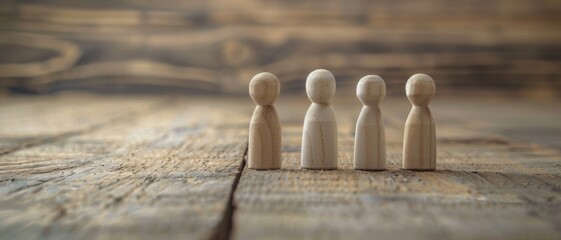 Four wooden figurines stand in a line on a rustic wooden surface, symbolizing unity, simplicity, and natural craftsmanship.