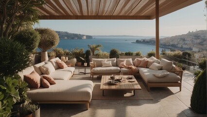 Modern terrace in light shades, summer