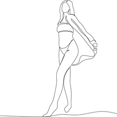 Continuous line art or one line drawing of a girl on the beach. Summer holiday happiness of carefree joyful woman standing on sandy tropical beach. Vector illustrations 