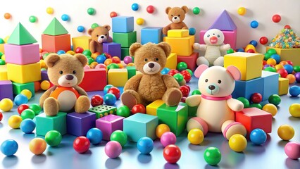 Colorful 3D toys scattered across a bright, white background, including blocks, balls, and stuffed animals, evoking a sense of playful childhood wonder and imagination.