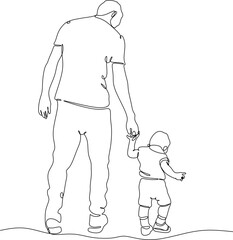 Vector illustration of a father teaching a child to walk, drawn in line art style.