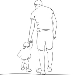Vector illustration of a father teaching a child to walk, drawn in line art style.