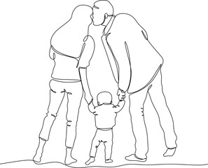 Linear drawing of a happy young family, father, mother and child walking holding hands. 