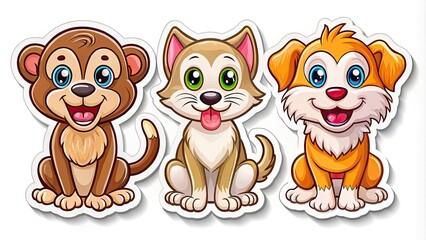 Obraz premium Colorful cartoon style sticker icons of various happy animals, including a smiling cat, playful dog, and curious monkey, isolated on a white background.