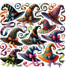 Fototapeta premium Witch hats with colorful ribbons.