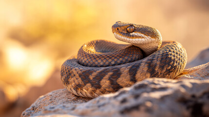 Obraz premium Close-up of a Coiled Desert Snake in Golden Hour Light