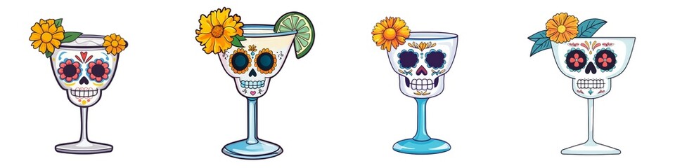 Colorful skull-themed margarita cocktails decorated with flowers, perfect for festive celebrations and Halloween parties.