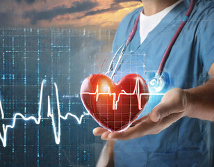 A caregiver holds a human heart graphic while monitoring electrocardiogram data in a futuristic medical environment