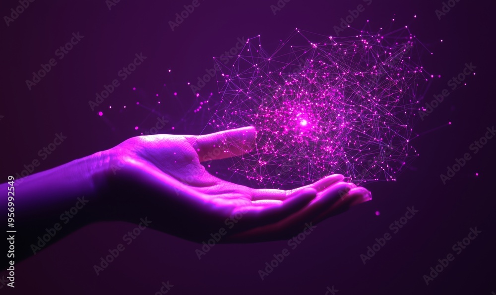 Poster Technology Concepts. Woman hand holding global network connection. Internet communication. Wireless connection technology. Futuristic technology with polygonal shapes.
