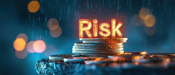 Captivating image of illuminated coins with the word 'Risk', symbolizing financial challenges and investment decisions.