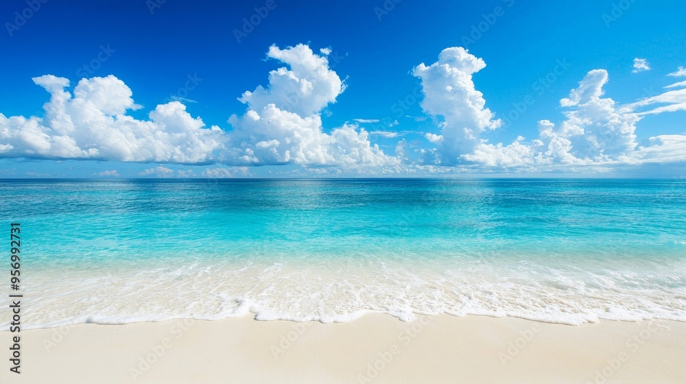 Poster abstract texture background of tropical beach with blue sky and white clouds. concept of summer vaca