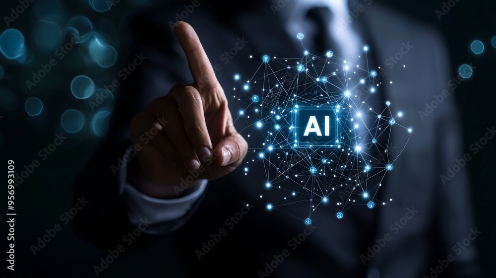 Poster Stock AI circuit board in shape of electronic PCB circuit icon symbol on businessman's finger touching with cyberpunk neon cyberspace lighting. Innovative technology Machine learning.