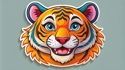 Fototapeta premium Colorful illustration of a smiling cartoon tiger with a sticker-like design, featuring bold lines, bright colors, and a fun, playful expression on its face.