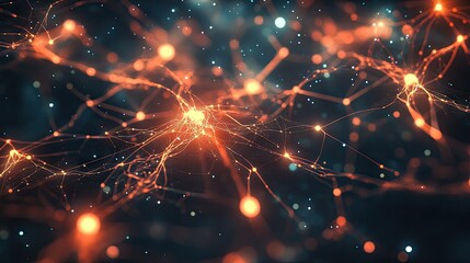 Obraz premium A futuristic digital background featuring a neural network with interconnected nodes and glowing lines, perfect for AI and tech processes.