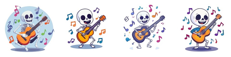 Playful skeleton character enjoying music, strumming a guitar with colorful notes and festive vibes, perfect for Halloween themes.