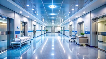 Obraz premium Sparkling clean hospital corridors with modern amenities, gleaming floors, and sterilized equipment, showcasing impeccable hygiene standards in a state-of-the-art healthcare facility.