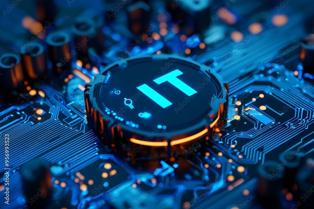 Aufkleber concept for information technology illustration. technology icons on a futuristic background. image 