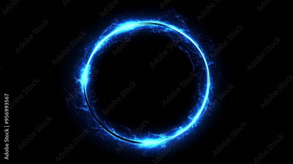 Poster frame isolated on black background with blue neon glowing glare circles.