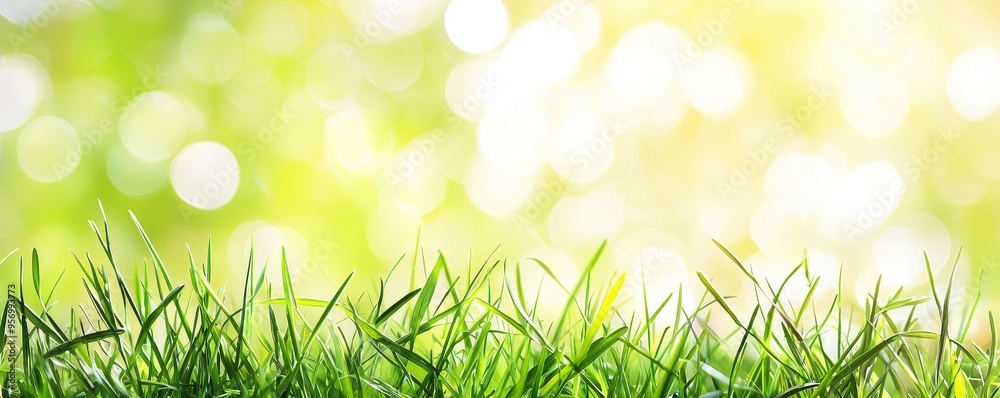 Poster the background is a spring garden with green grass and bokeh foliage.
