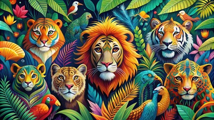 Colorful poster illustration featuring a stylized menagerie of wild animals, including lions, tigers, and monkeys, amidst foliage and abstract shapes in bold vibrant hues.