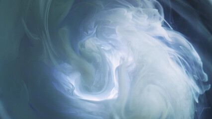 Silk cloud. Smoke swirl. Defocused blue white color glowing mist floating paint water mix ethereal abstract art background.