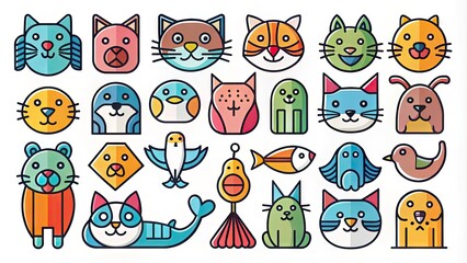 Obraz premium Colorful set of playful animal vector icons featuring cats, dogs, birds, and fish in simple, bold lines and bright colors, ideal for digital design and illustrations.
