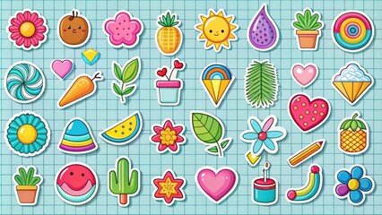 Colorful stickers with various shapes and icons arranged on a grid template against a white background, perfect for customizing and designing personalized projects.