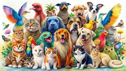 Naklejka premium Colorful, stylized illustrations of various animals, including cats, dogs, birds, and monkeys, gathered together in a whimsical, modern composition on a white background.