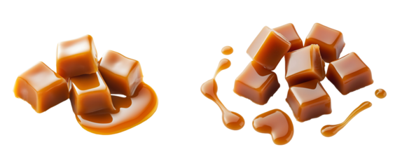 photo of caramel toffee pieces with sauce on isolated background