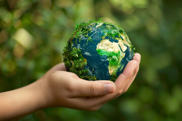 Earth Day In the hands holding green earth on Bokeh green Background