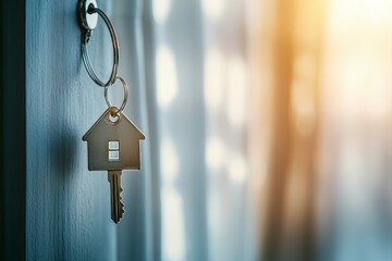 Keychain with a key and a home shaped design. Mortgage, real estate, investment and property concepts.