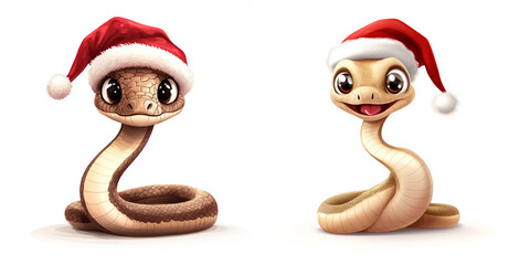 Set of cute cartoon snakes in santa hat on white isolated background. A cute New Year's snake in cartoon style. The Chinese symbol of the new year 2025 is the year of the snake. 