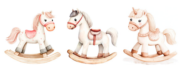 Watercolor set of vintage swing grasshoppers on white isolated background. Cute vintage rocking horse for kids. Children's vintage toys in watercolor style.