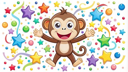 Fototapeta premium Colorful vector illustration of a happy cartoon monkey surrounded by bright stickers, stars, and confetti, set against a white background with a playful, whimsical design.