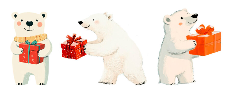 Set of cute white polar bears with Christmas gifts on white isolated fln. Millipolar polar bears hold boxes of candy. Merry Christmas.