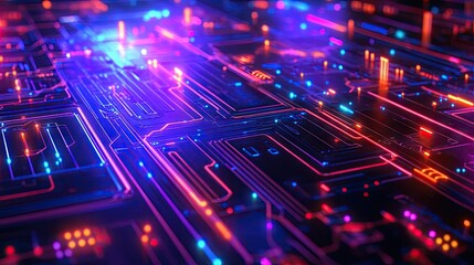 Obraz premium A glowing circuit board pattern with vibrant colors, symbolizing the flow of information and digital storage.