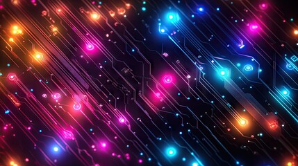 Fototapeta premium A glowing circuit board pattern with vibrant colors, symbolizing the flow of information and digital storage.