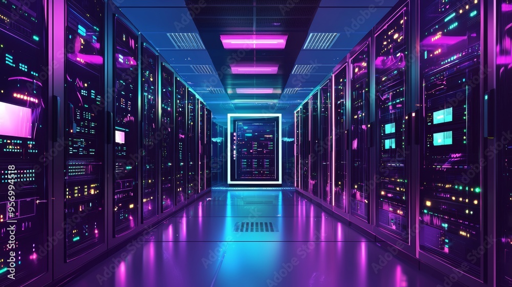 Poster Data Center with rack servers and supercomputers, Modern Telecommunications, Stock, Supercomputer Technology Concept.3D rendering, conceptual image.