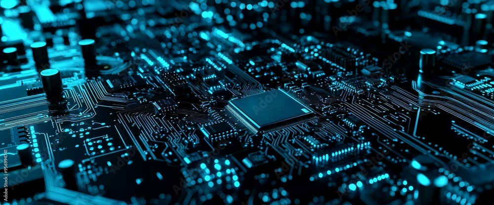 Poster This is a printed circuit board futuristic server. The circuit board is made with green, orange, and blue technology backgrounds and has bokeh effects. This is a 3D rendering.