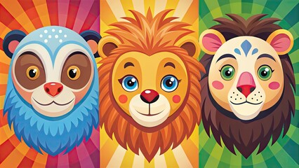 Obraz premium Colorful, whimsical illustration of various animal faces, including a smiling monkey, happy lion, and curious owl, created in a minimalist vector style.