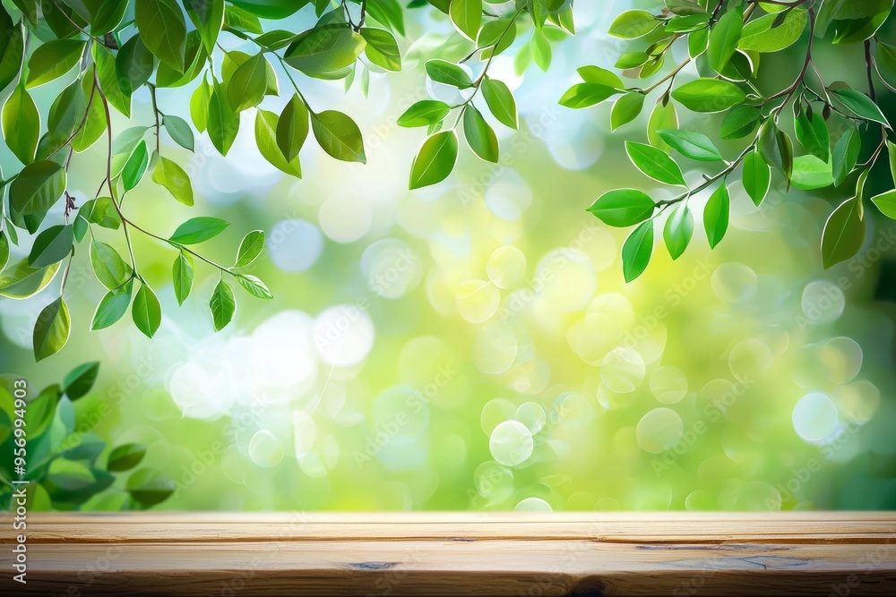 Sticker A wooden table top with a blurred tree in a park garden background can be used as a backdrop for displaying or montaging your products.