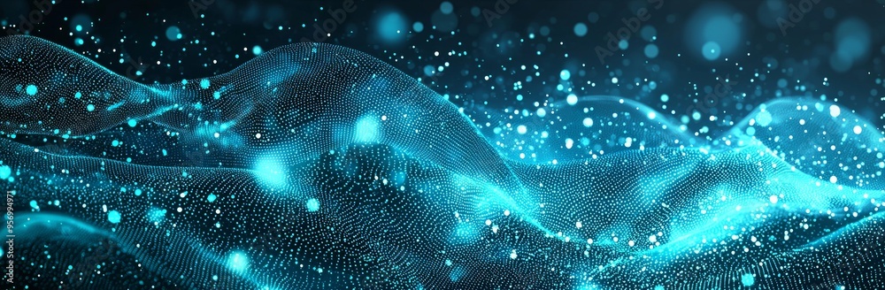 Poster A dynamic digital wave of dots. Network connection structure. The rendering is done in 3D.