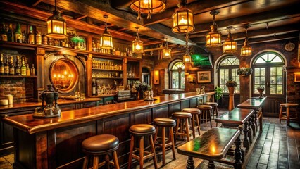 Cozy Irish pub interior with rustic wooden decor, dim lighting, and Guinness beer taps, evoking a warm and inviting atmosphere of traditional Celtic culture.