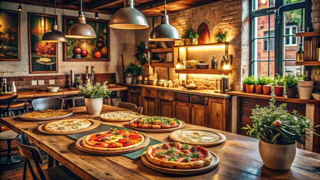 Cozy pizzeria interior with rustic wooden tables, vintage Italian posters, and a mouthwatering display of freshly baked pizzas behind a lively open kitchen counter.